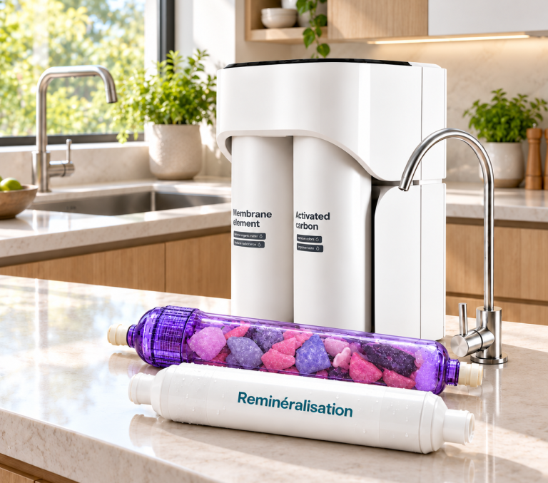 Osmoseur Osméa 2000 – présentation en cuisine Visuel de présentation de l’osmoseur Osméa 2000 sous-évier dans une cuisine, à côté du robinet d’eau purifiée